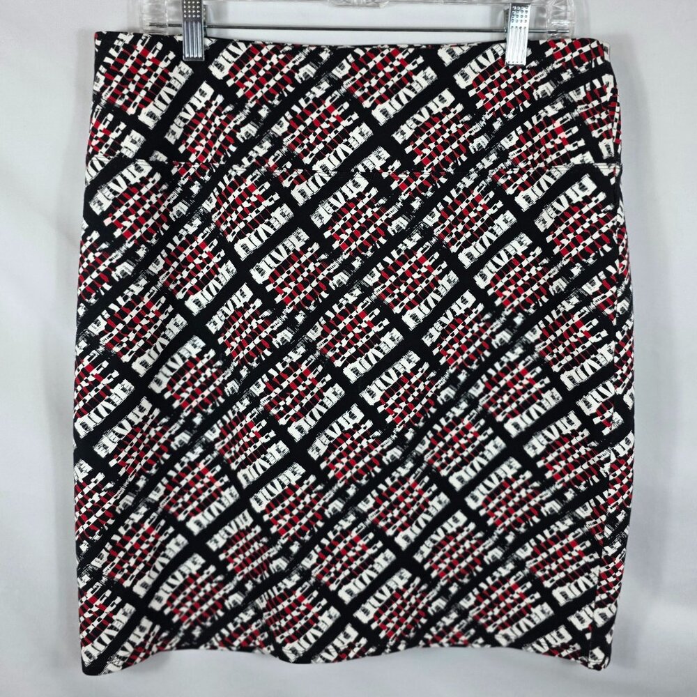J. Jill Wearever Smooth Fit Pencil Skirt Size Medium Black Red & White Geo Print